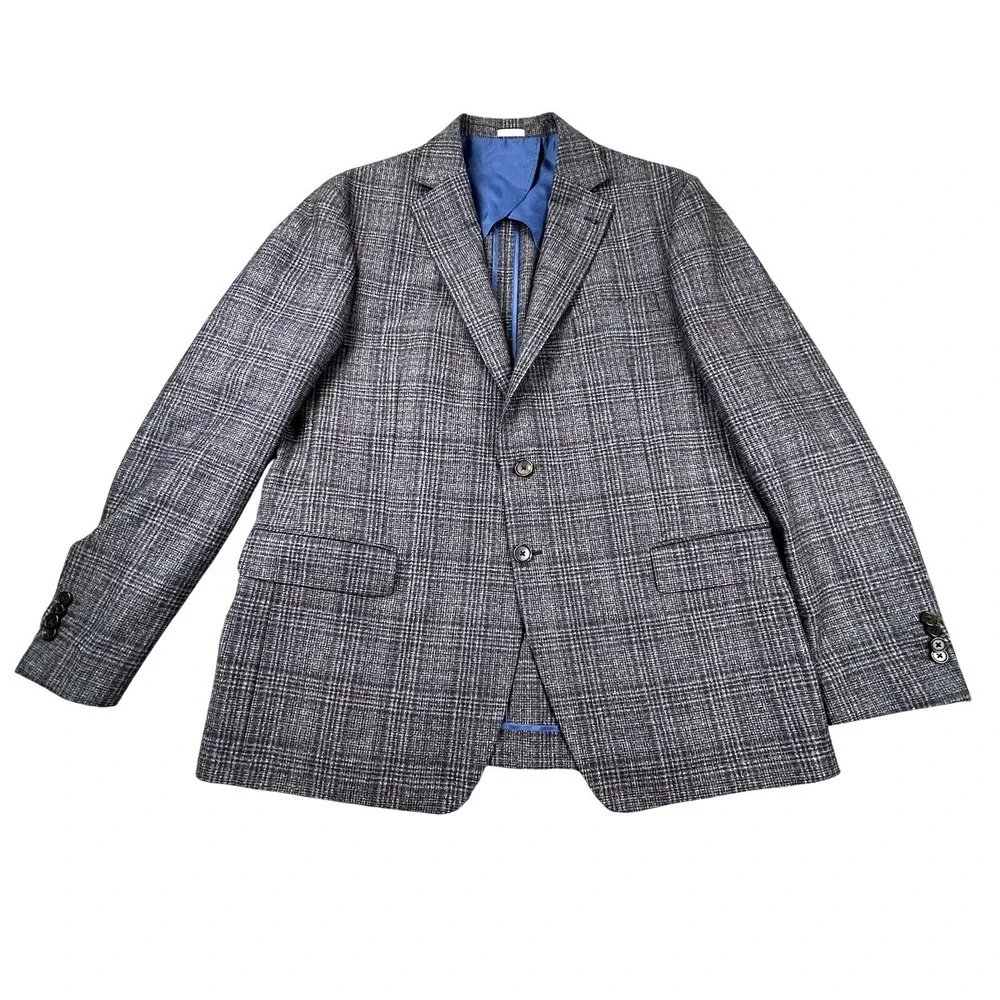 Joseph Abboud Heritage 44R Blazer Lanificio di Pray Italian Wool Grey Blue Plaid